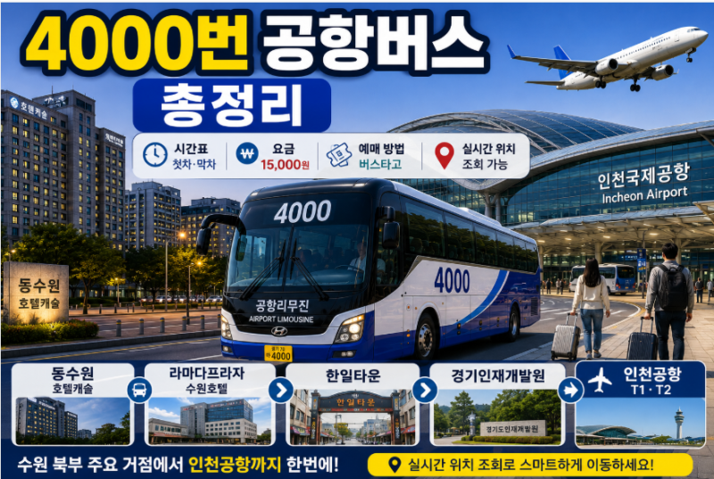 4000번 공항버스 시간표 요금 예매 노선 총정리 (동수원 한일타운 경기인재개발원에서 인천공....