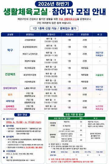  계양구, 2026년 하반기 생활체육교실 참여자 모집