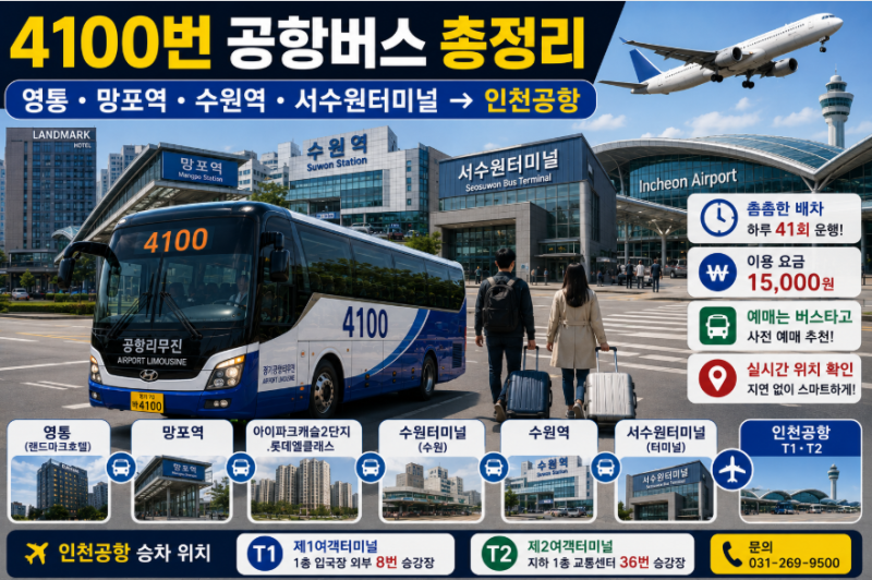 4100번 공항버스 시간표 요금 예매 노선 총정리 (영통 망포역 수원역 서수원터미널에서 인천....