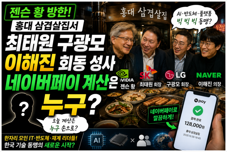  젠슨 황 방한, 홍대 삼겹살집서 최태원 구광모 이해진 회동 성사…네이버페이 계산은 누구?