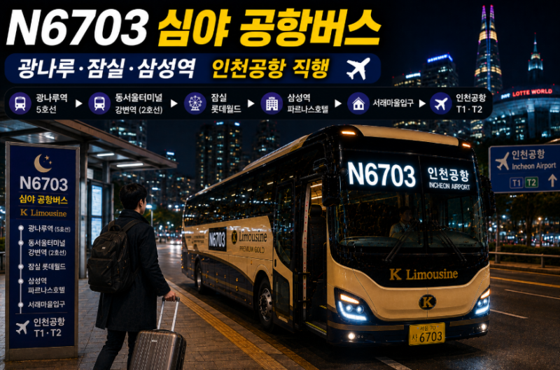 N6703번 공항버스 시간표 요금 예매 노선 총정리｜광나루역 동서울터미널 잠실 삼성역 서래마....
