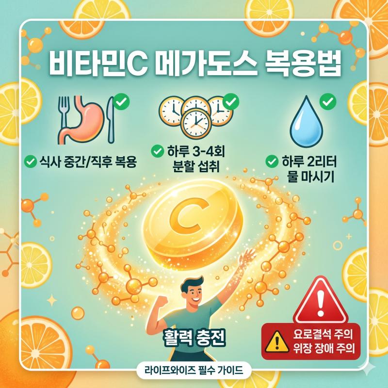 비타민C 메가도스 복용법 총정리: 식전 식후 타이밍과 하루 권장량, 부작용 주의점