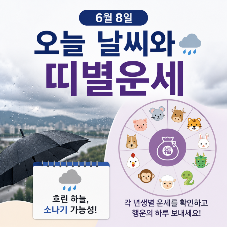  6월 8일 오늘의 날씨와 띠별운세, 흐린 하늘 소나기 가능성과 각년생 운세 정리