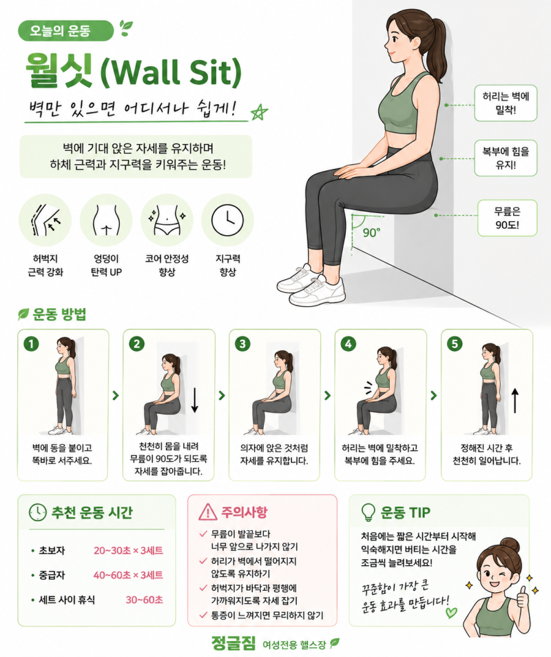 [제주 여성전용헬스장 정글짐]집에서도 쉽게 하는 하체 운동! 월싯(Wall Sit) 운동법 알아보기