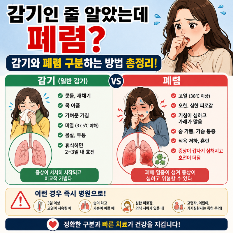 감기인 줄 알았는데 폐렴? 감기와 폐렴 구분하는 방법폐렴대표증상 감기와다른점, 병원에 바....
