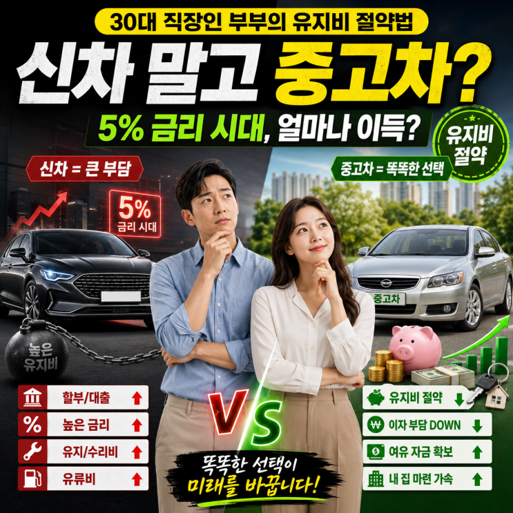  30대 직장인 부부의 유지비 절약법, 2026년 금리 5% 시대 신차 대신 중고차 선택 시 얻는 경제적 이득