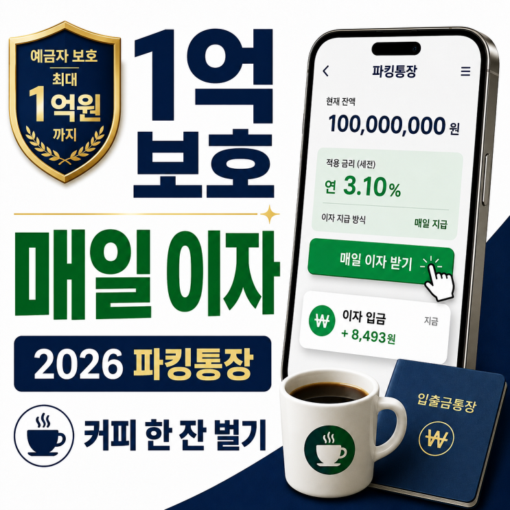  1억까지 보호되는 2026년 고금리 파킹통장 추천, 하루만 맡겨도 매일 커피 한 잔 이자 받는 비결