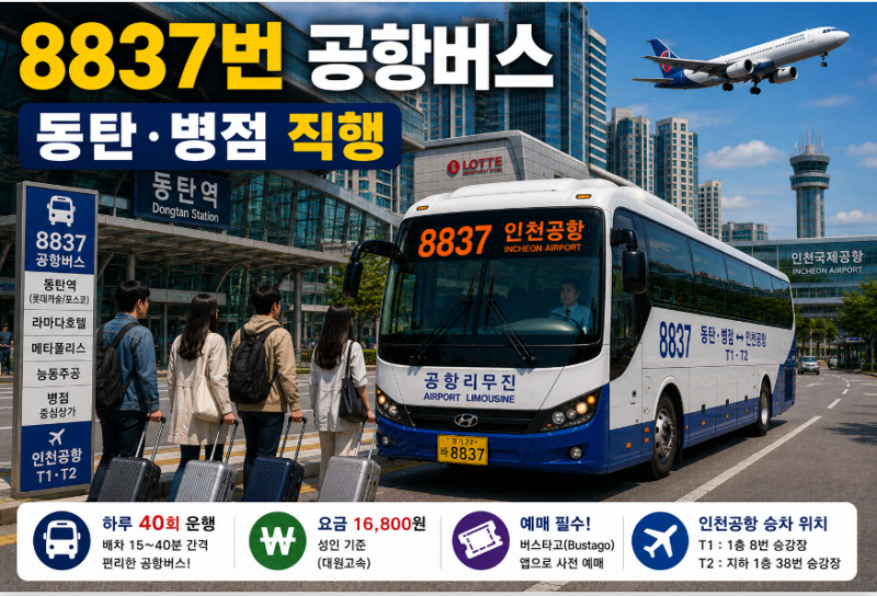 8837번 공항버스 시간표· 요금· 예매· 정류장 노선 총정리 (동동탄 동탄역 라마다호텔 메타....