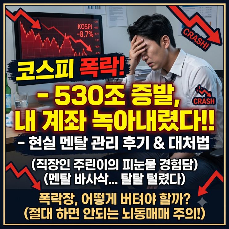  코스피 폭락장 대처법, 530조 증발에 계좌 녹아내린 직장인의 현실 멘탈 관리 후기