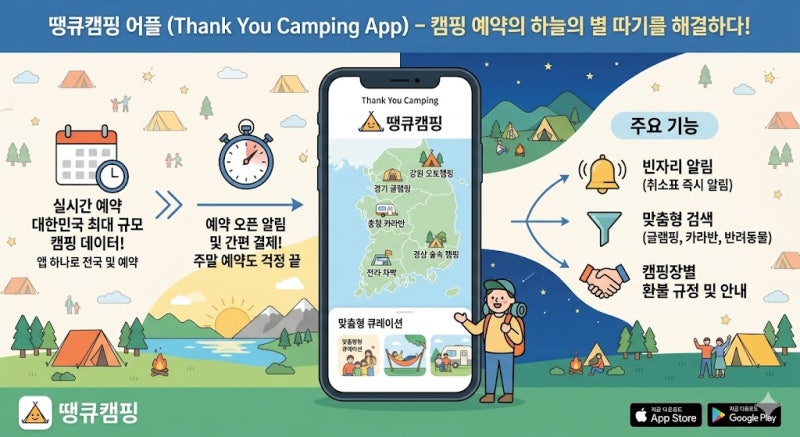 땡큐캠핑 어플 예약 방법 및 실전 꿀팁 환불 규정 빈자리 알림 활용법