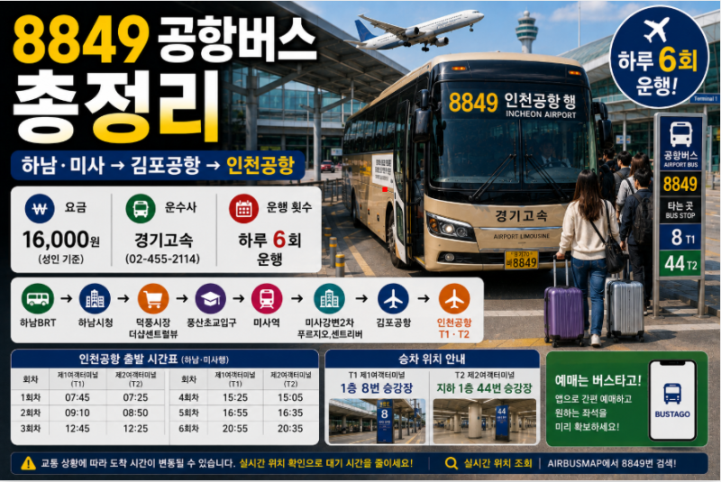 8849번 공항버스 시간표· 요금· 예매· 정류장 노선 총정리 (하남 하남시청 미사역 김포공항....