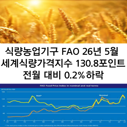 26년 5월 <b>세계식량가격</b>지수 130.8포인트 전월 대비 0.2% <b>하락</b>