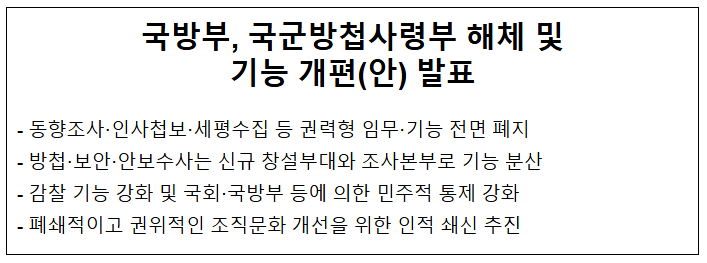  국방부, 국군방첩사령부 해체 및 기능 개편(안) 발표