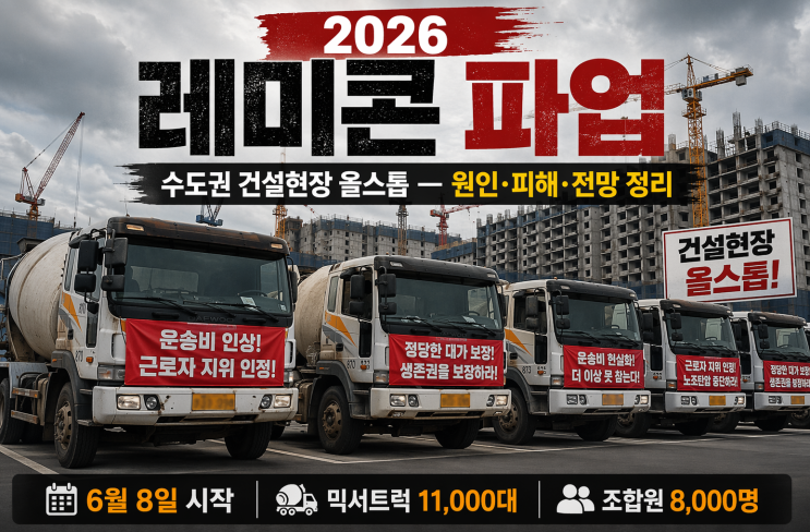 2026 <b>레미콘 파업</b> — 수도권 건설현장 올스톱, 원인·피해... 