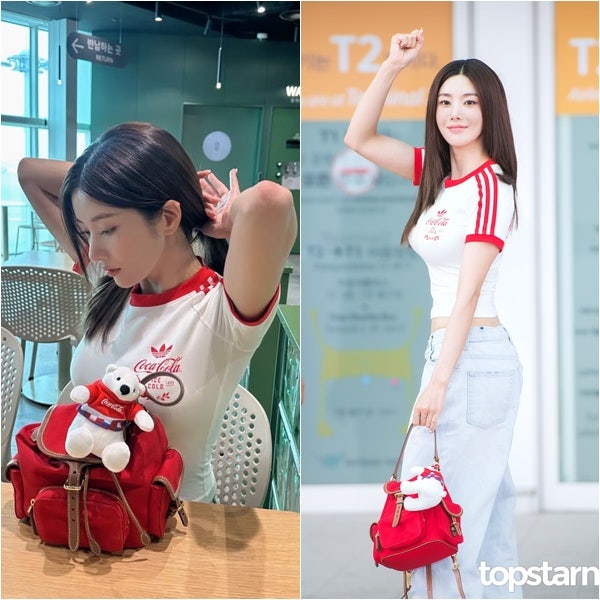 월드컵 응원 가는 권은비 공항패션, 아디다스 티셔츠에 미우미우 레드백 눈길