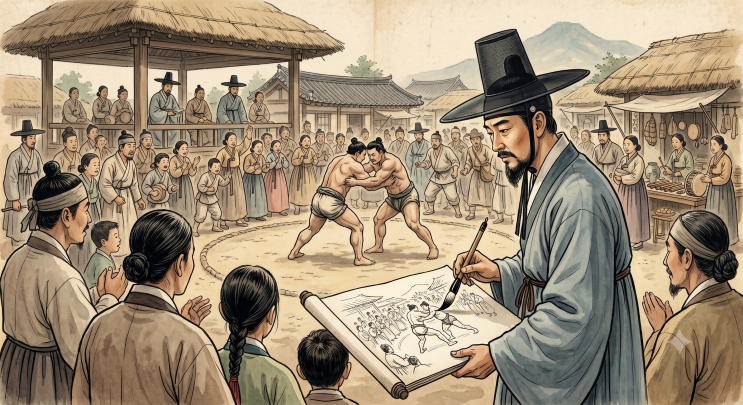  조선 후기 화가 단원 김홍도의 생애와 시대를 담은 풍속화