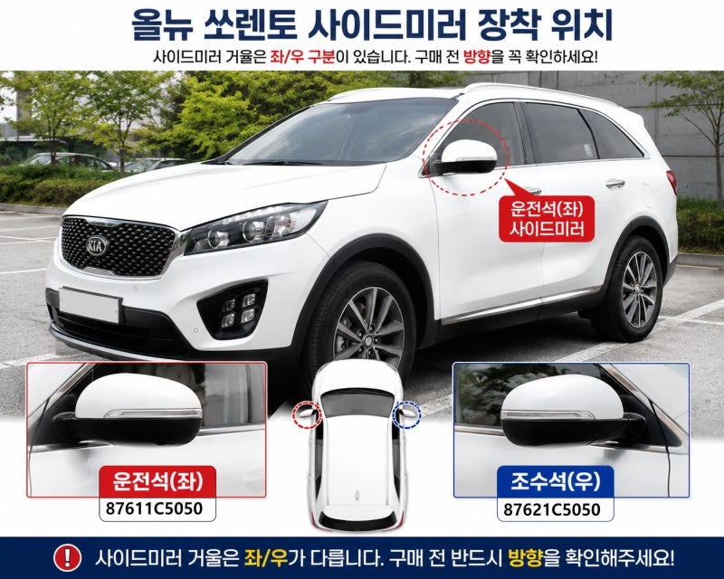 올뉴 더뉴 쏘렌토 사이드미러 거울 파손? BSD센서 타입 87611C5050 87621C5050
