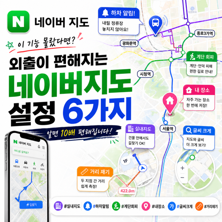  네이버 지도 편리한 기능 2026 최신 : 방향 설정, 하차 알림, 거리재기까지 상황별 6가지