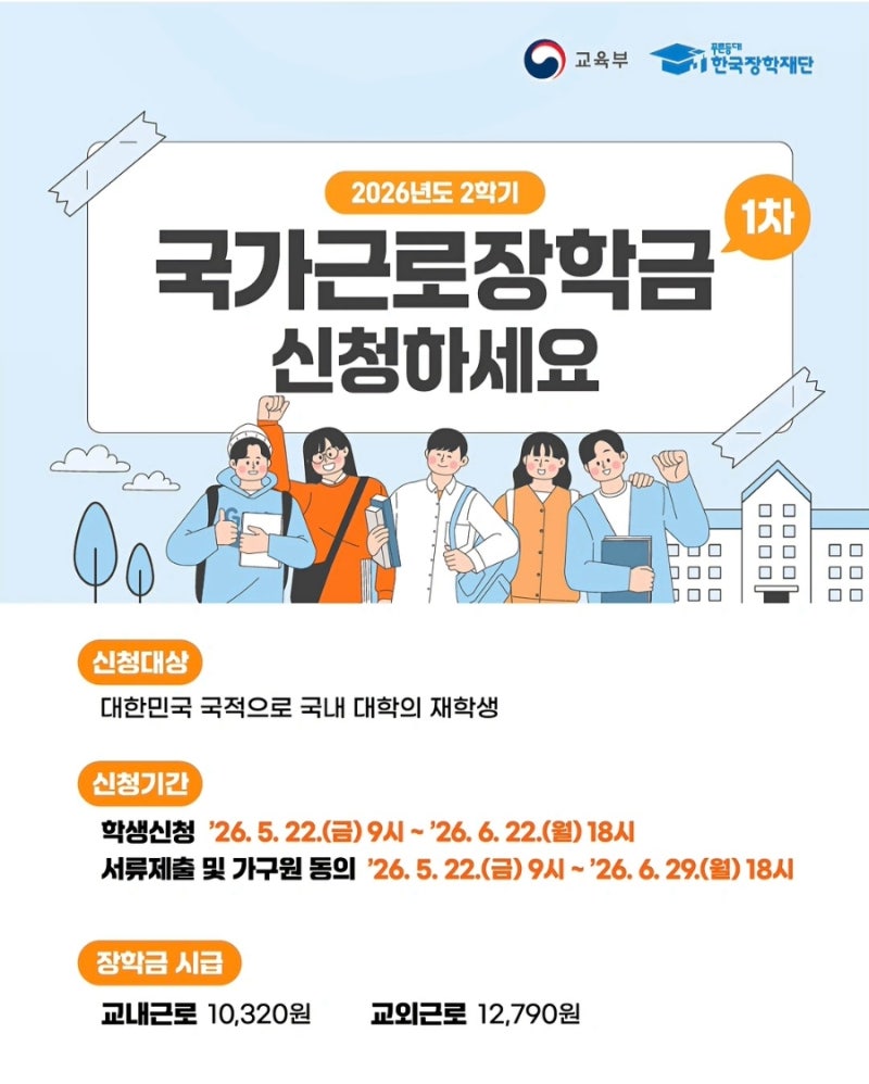 2026년 2학기 국가근로장학금 1차 신청 시작! 대학생이라면 놓치면 아까운 꿀알바 기회