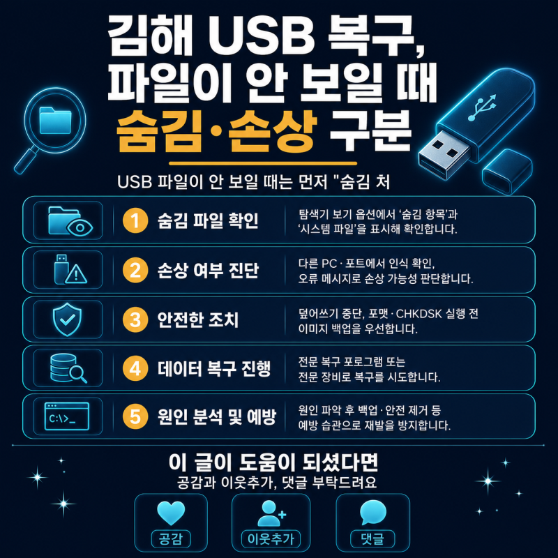 김해 USB 복구, 파일이 안 보일 때 숨김·손상 구분