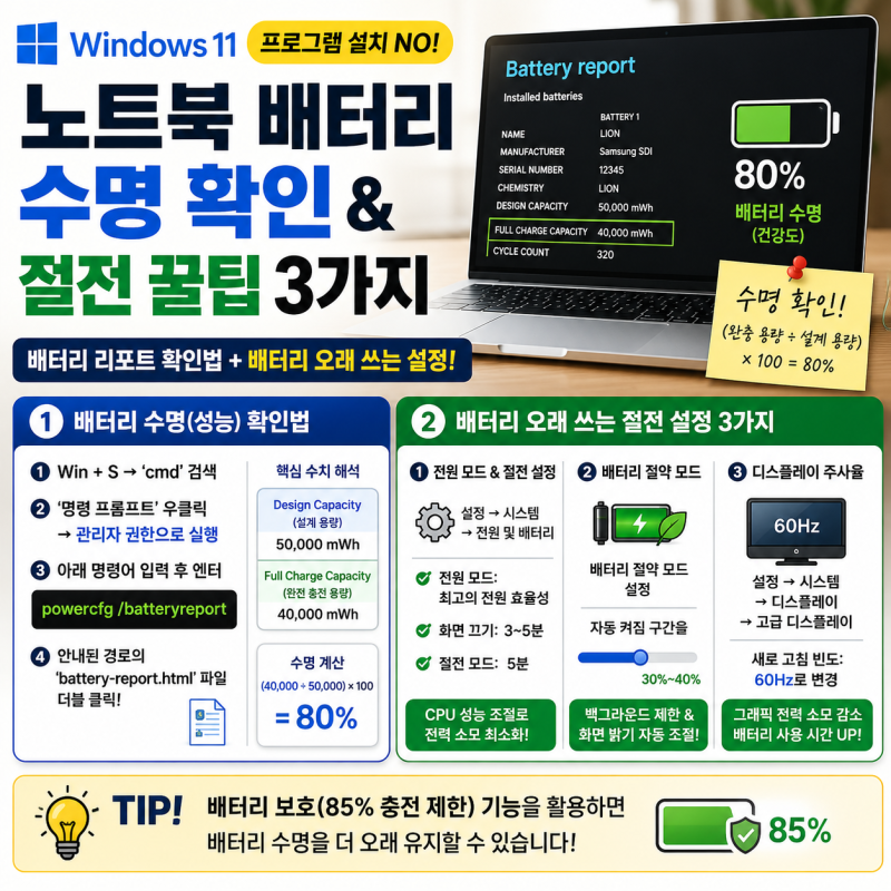 윈도우 11 노트북 배터리 수명 확인 및 절전 설정 방법