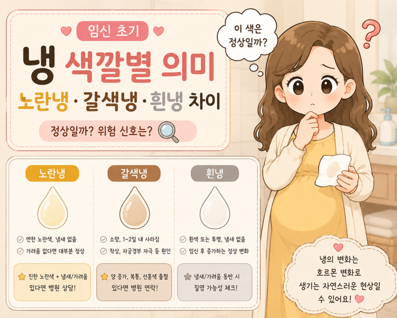 임신 초기 냉 색깔별 의미｜노란냉·갈색냉·흰냉 차이, 병원에 가야 하는 신호, 냉이 많을 때....