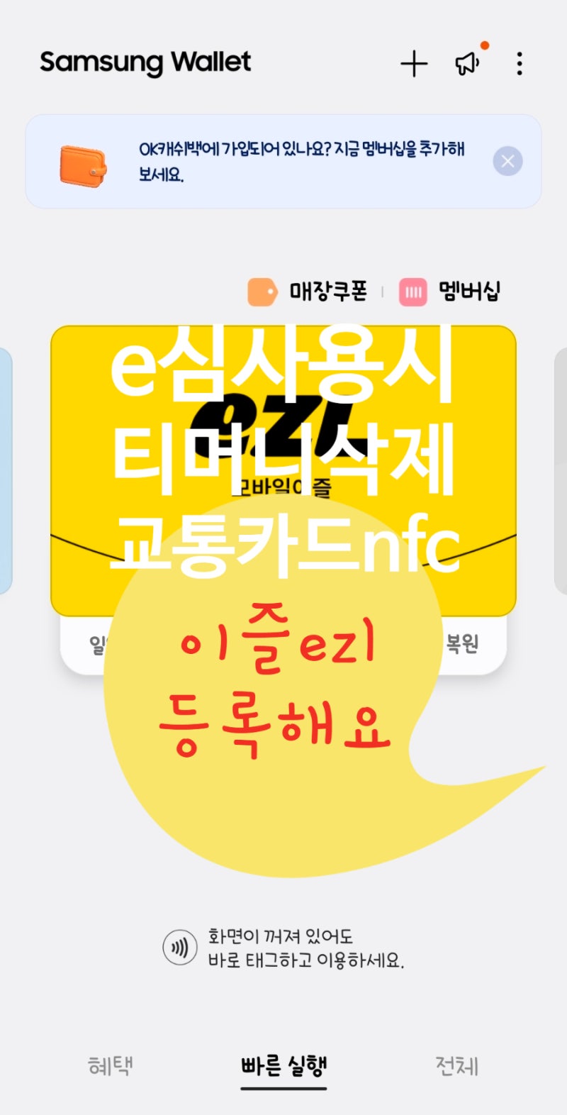 e심으로 변경후 nfc교통카드 안될때,윌넷 삼성월렛페이 티머니삭제방법 울트라s24 이즐 유심es....