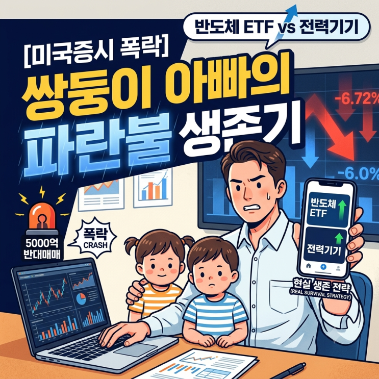  엔비디아 폭락에 계좌 파란불? 30대 쌍둥이 아빠가 반도체 ETF와 전력기기로 버티는 현실 생존기