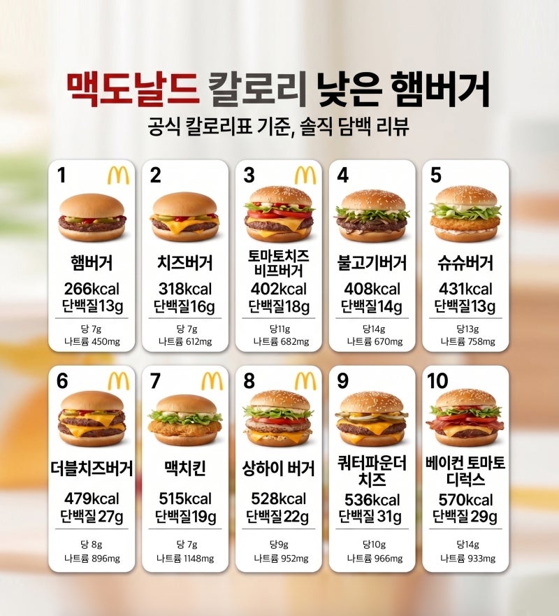 맥도날드 칼로리표 총정리 낮은 햄버거 메뉴 추천