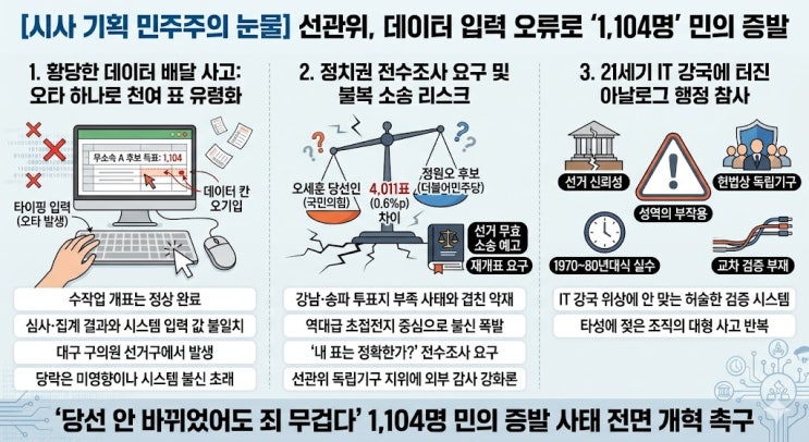 참사… <b>개표</b> 결과 입력 <b>오류</b>로 ‘1,104명’의 소중한 민의... 