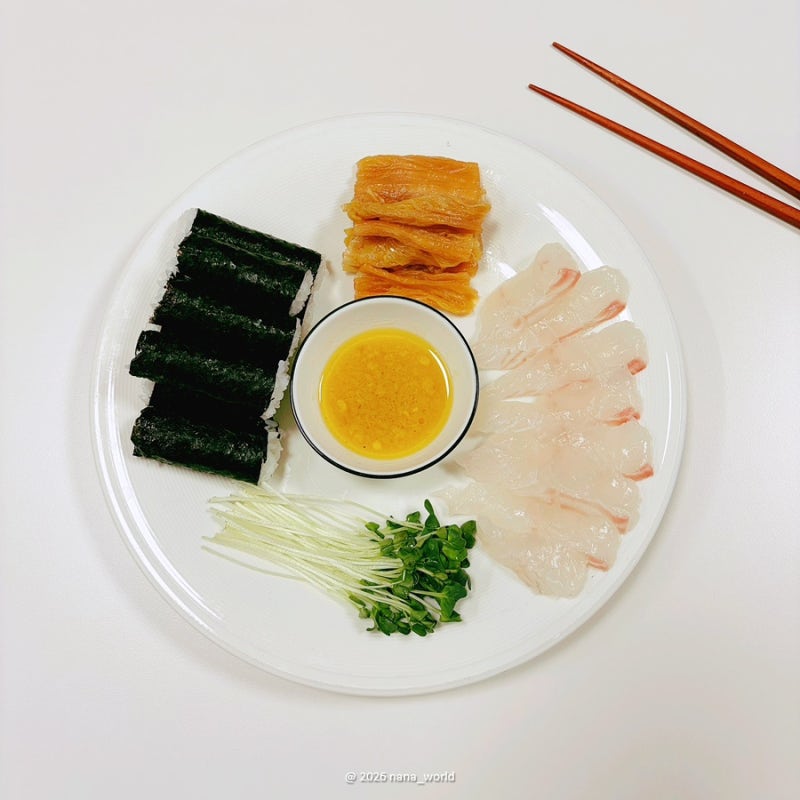 강민경 광어 소금김밥 만들기, 초장 대신 올리브 소스로 즐기는 광어요리