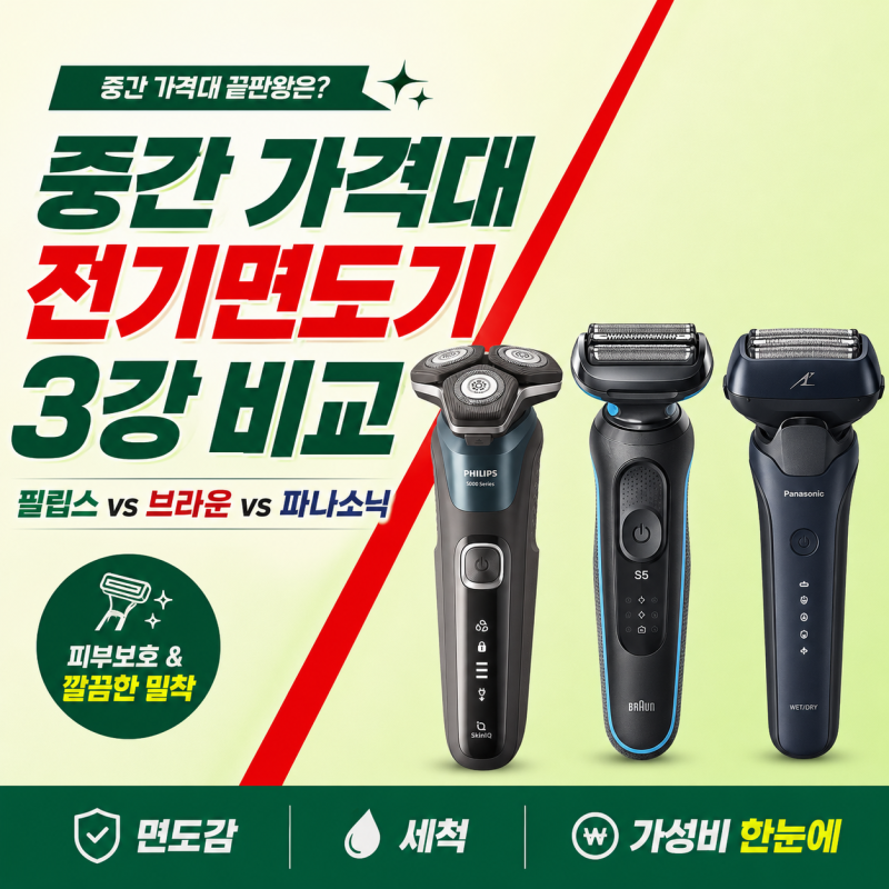 필립스 SkinIQ 5000 vs 브라운 시리즈5 vs 파나소닉 람대쉬 — 중간 가격대 전기면도기 비교