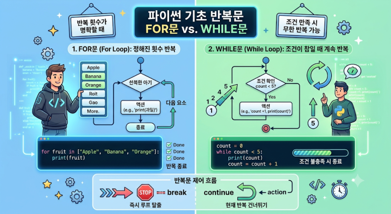 파이썬 기초 기초: for문, while문 반복문 구조와 제어 흐름 완벽 정리