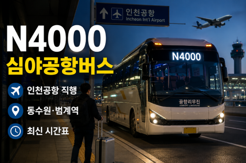 N4000번 공항버스 시간표· 요금· 예매· 정류장 노선 총정리 (동수원 한일타운 의왕 범계역에....