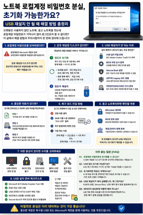 노트북 로컬계정 비밀번호 분실 해결책 및 부팅 USB 인식 실패 공장초기화 요령