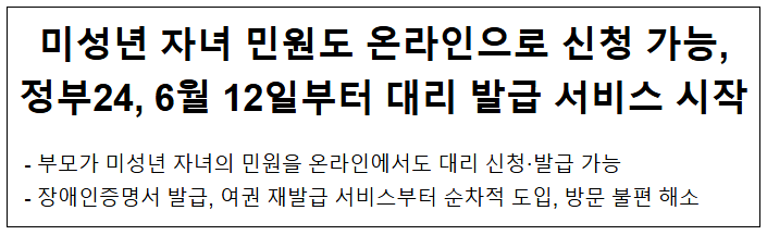  미성년 자녀 민원도 온라인으로 신청 가능, 정부24, 6월 12일부터 대리 발급 서비스 시작