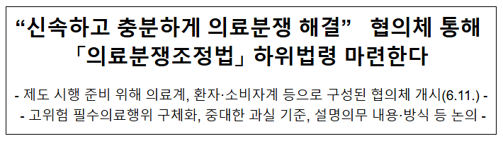  "신속하고 충분하게 의료분쟁 해결" 협의체 통해 「의료분쟁조정법」 하위법령 마련한다
