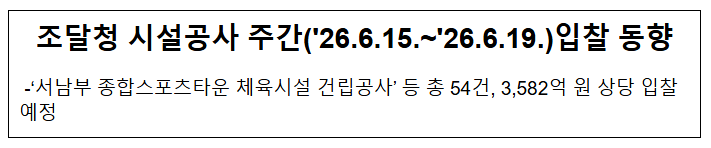 시설공사 주간('26.6.15.~'26.6.19.)입찰 동향