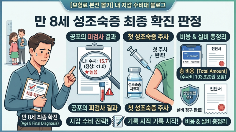 만 8세 성조숙증 최종 확진 판정, LH 수치 15.7과 첫 성조숙증 주사, 비용, 실비, 진단서