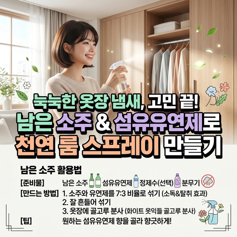 옷장 속 눅눅한 냄새, 먹다 남은 소주와 유연제로 천연 룸스프레이 만드는 법은?