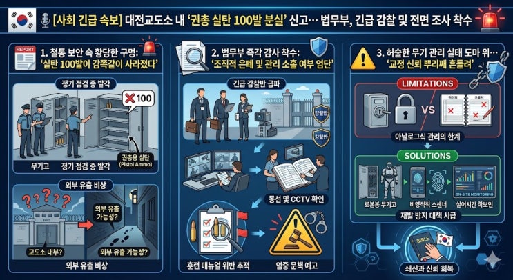 [사회 긴급 속보] <b>대전교도소</b> 내 ‘권총 실탄 100발 분실’... 