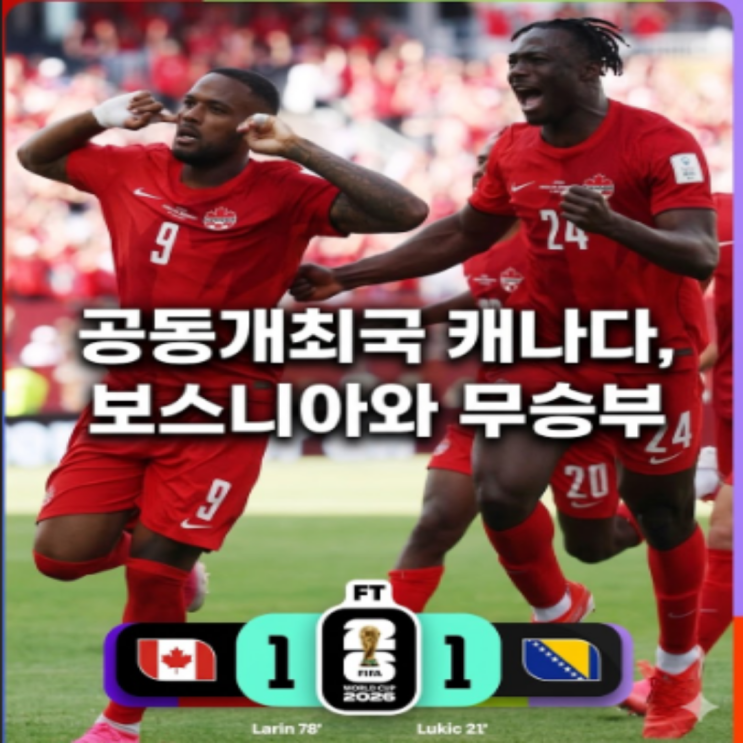 월드컵 공동개최국 캐나다 B조 1차전 보스니아와 1-1 무승부!! 우세한 경기였음에도 아쉬운 경기였다!! 루키치 선제골과 레린의 동점골!!
