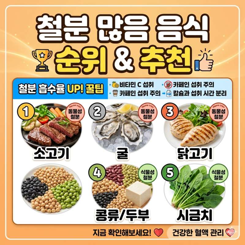 철분 많은 음식 순위 top 5: 흡수율 높이는 추천 가이드