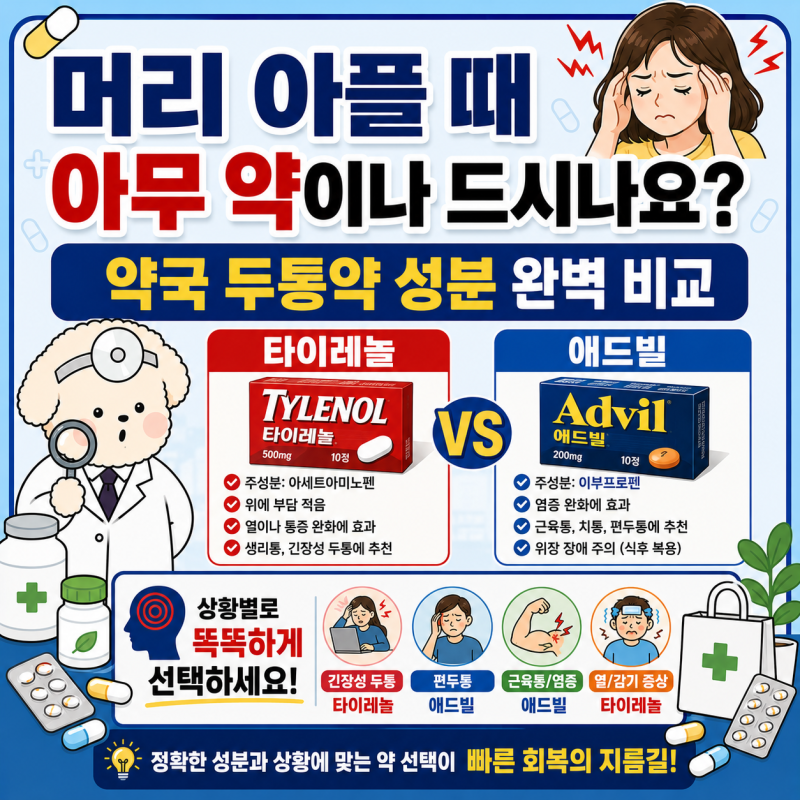 두통약 성분 비교: 아세트아미노펜 vs 이부프로펜 vs 아스피린, 상황별 선택법