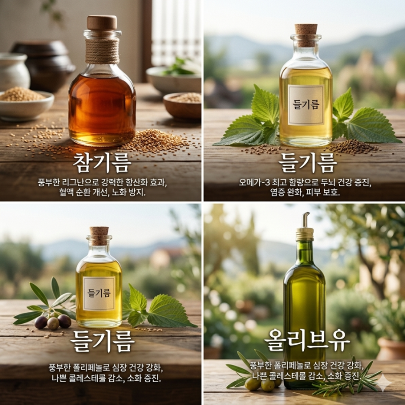 밥상의 보약, 식물성 기름 3대장 완벽 비교! (참기름, 들기름, 올리브유 효능과 고르는 법)
