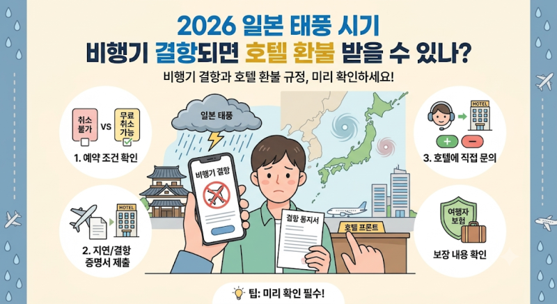 2026 일본 7월 8월 태풍 시기 비행기 결항 호텔 환불 받는 방법 (아고다 호텔스닷컴 야놀자 어....