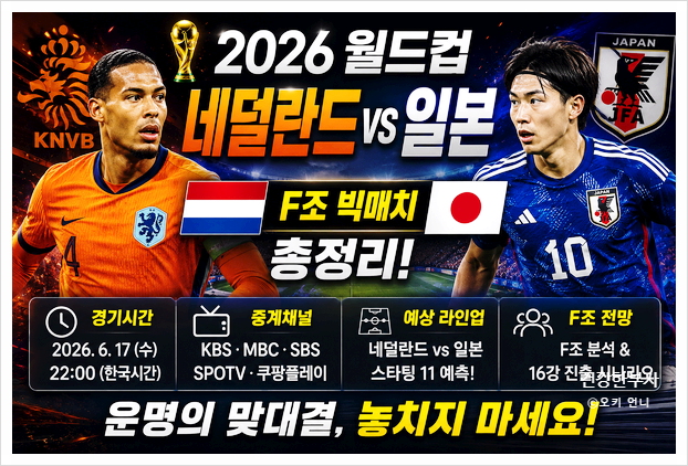 2026 북중미 월드컵 <b>네덜란드 일본</b> 경기시간 중계채널 예상... 
