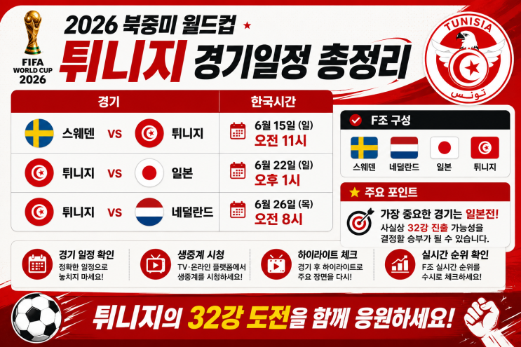 2026 북중미 월드컵 <b>튀니지</b> 경기일정 <b>피파랭킹</b>·생중계... 