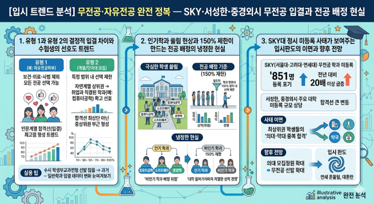  [입시 트렌드 분석] 무전공·자유전공 완전 정복 — SKY·서성한·중경외시 무전공 입결과 전공 배정 현실