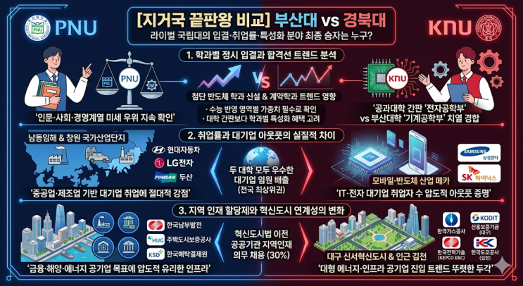  [지거국 끝판왕 비교] 부산대 vs 경북대 — 라이벌 국립대의 입결·취업률·특성화 분야 최종 승자는 누구?
